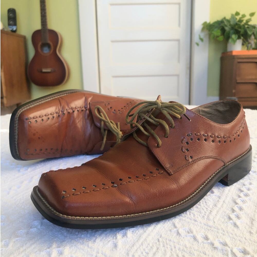 Zengara Brown Leather Square Toe Oxford Brogue Dress Shoes 9.5 M Lace Up Preppy‎